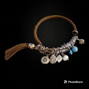 Brown Leather Wrapped Charm Bangle Western Cowgirl Bracelet